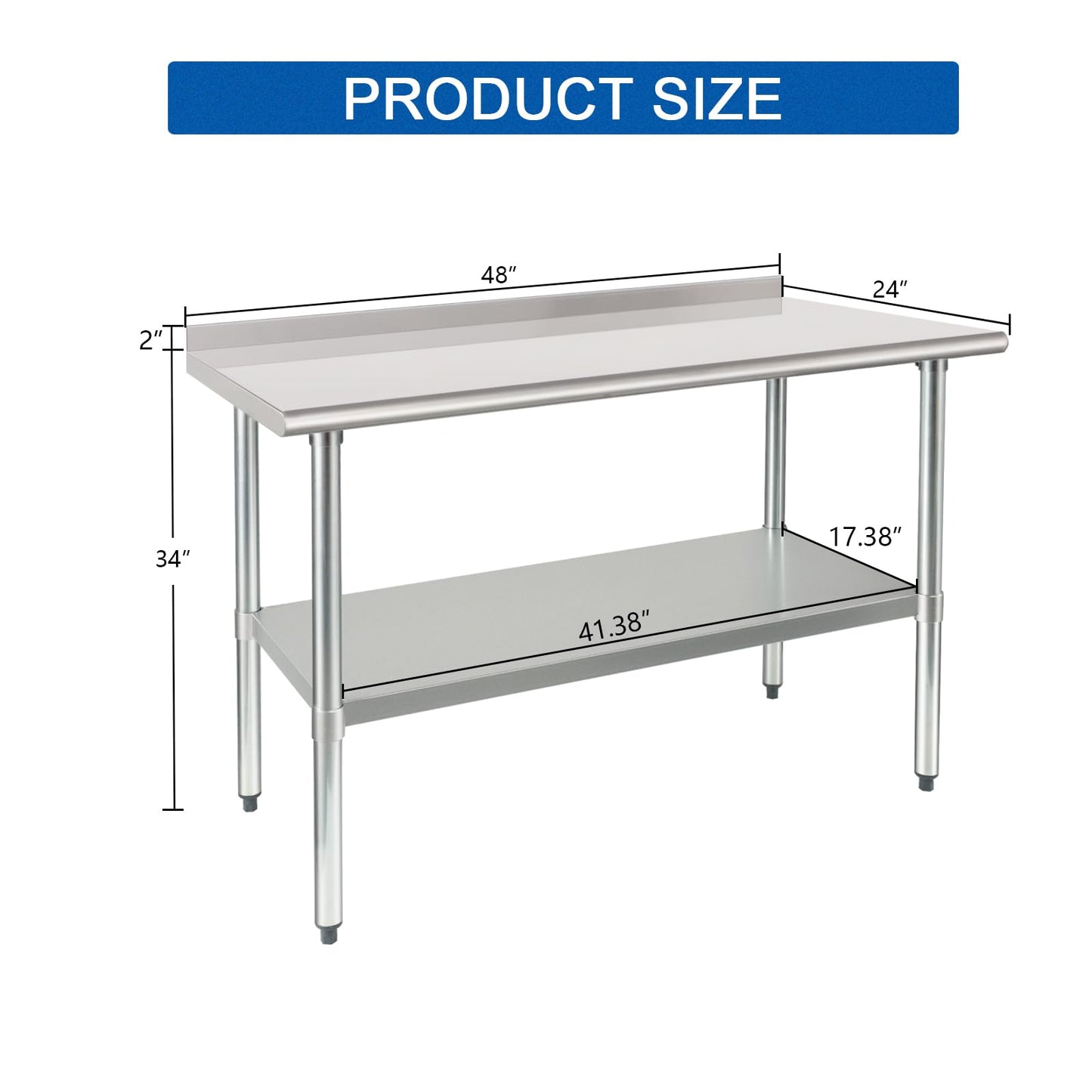 HARDURA Stainless Steel Table Prep & Work Table 24 x 48 Inches NSF Heavy Duty Commercial with Undershelf and Backsplash for Restaurant Kitchen Home and Hotel