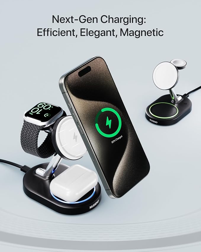 Fast Charging Station for Magsafe Apple Devices, Wireless Charger Station for MagSafe iPhones, 3 in 1 Magnetic Charger Stand for iPhone 15/14/13/12, Apple Watch & AirPods(Blk)