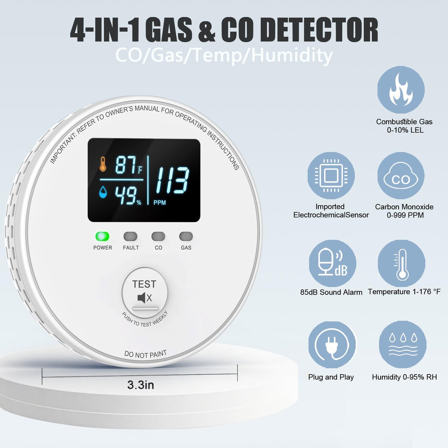 4-in-1 Carbon Monoxide Detectors Plug in, Combination Natural Gas Detector & Carbon Monoxide Detector with HD Digital Display, Monitors CO, Gas, Temp, Humidity - Home Safety for House, RV, Apartment