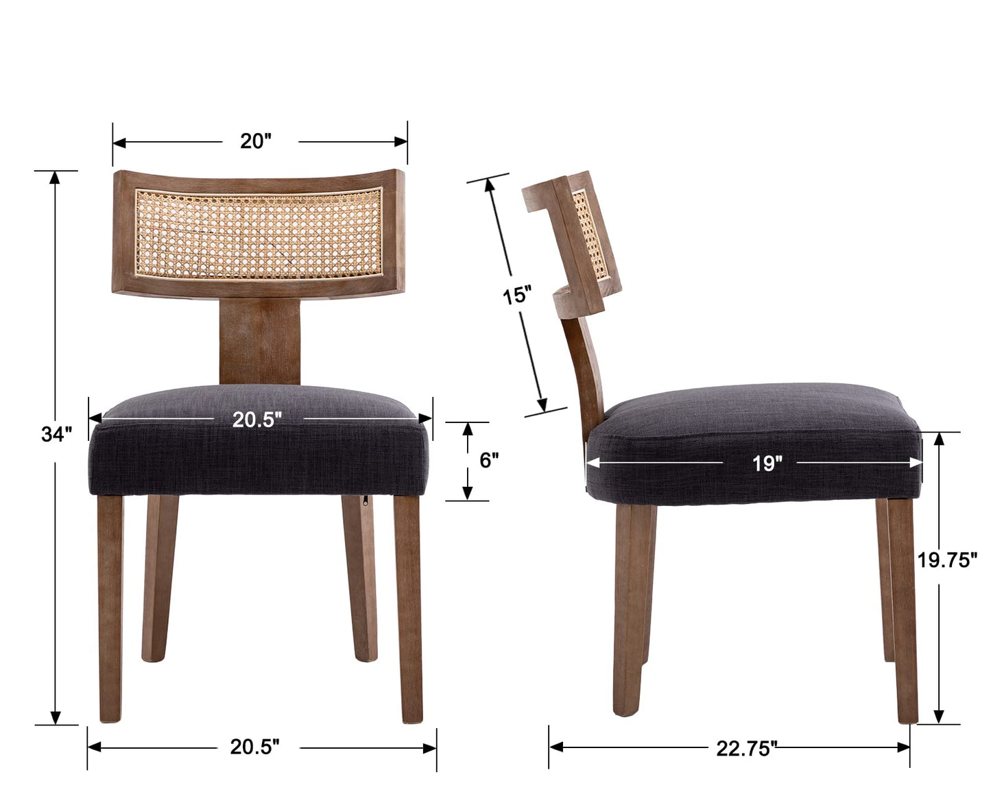 BESTANO Rattan Dining Chairs Set of 4, Mid-Century Modern Wooden Farmhouse Dining Chairs Linen Fabric Upholstered Kitchen Chairs with Curved Cane Back, Charcoal