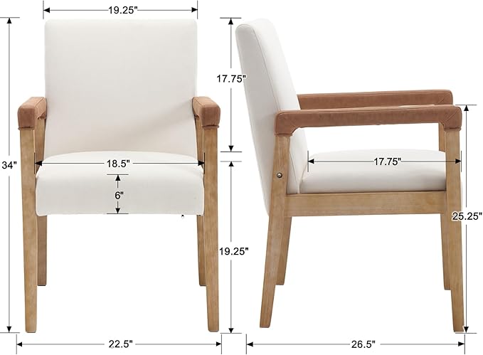 DM Furniture Mid Century Modern Dining Chairs Set of 6 Linen Fabric Upholstered Accent Chairs Comfy Kitchen Chairs with Solid Wood Frame Armchair for Living Room, Ivory