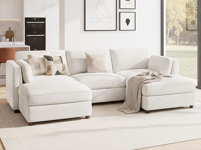 CUGOAO 118'' Modular Sectional Sofa, Oversized U-Shaped Sectional Couch with Ottoman, Deep Seat Chenille Cloud Couch, Mordern Upholstered Couches for Living Room, Apartment, Office, Beige