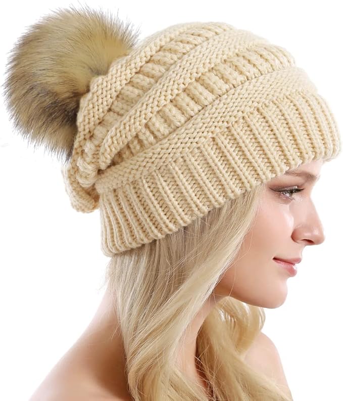 QUEENFUR Women Knit Slouchy Beanie Chunky Baggy Hat with Faux Fur Pompom Winter Soft Warm Ski Cap