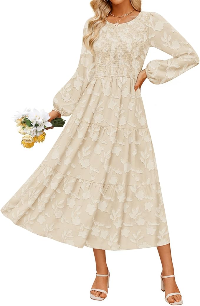 ZESICA Women's Fall Boho Floral Midi Dress 2026 Casual Long Sleeve Crewneck Flowy Wedding Guest Long Dresses
