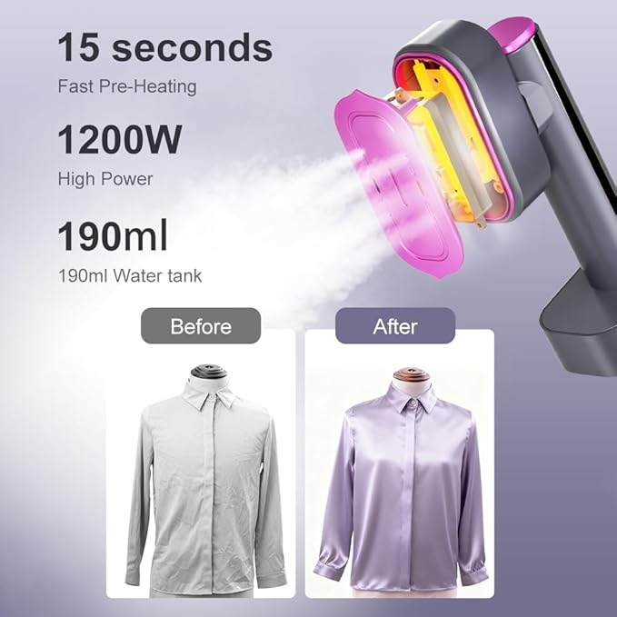 Garment Steamer for Clothes, Portable Handheld Design travel steam iron, 190ml Big Capacity, 1200W, Strong Penetrating Steam, Removes Wrinkle, for Home, Office