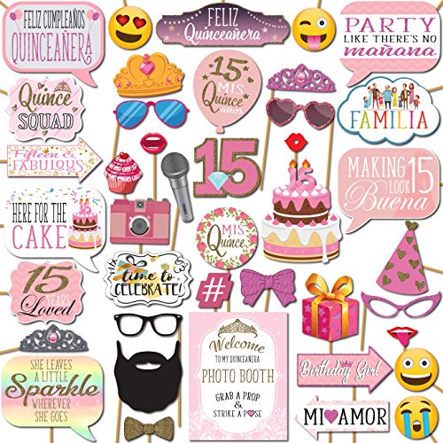Quinceanera Photo Booth Props - 41-pc Photobooth Kit with 8 x 10-Inch Sign, 60 Adhesive Pads, 45 Sticks - Sweet 15 Photo B...