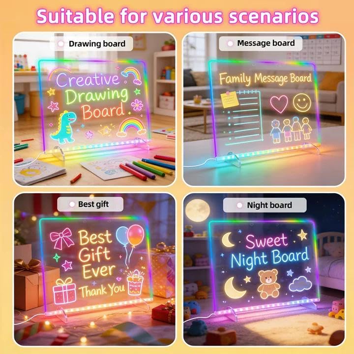 LED Note Board with Colors, 13.7"X10" 6 Modes & 8 Colors Acrylic Dry Erase Boards with Light, Include Adapter, Hanging Cha...