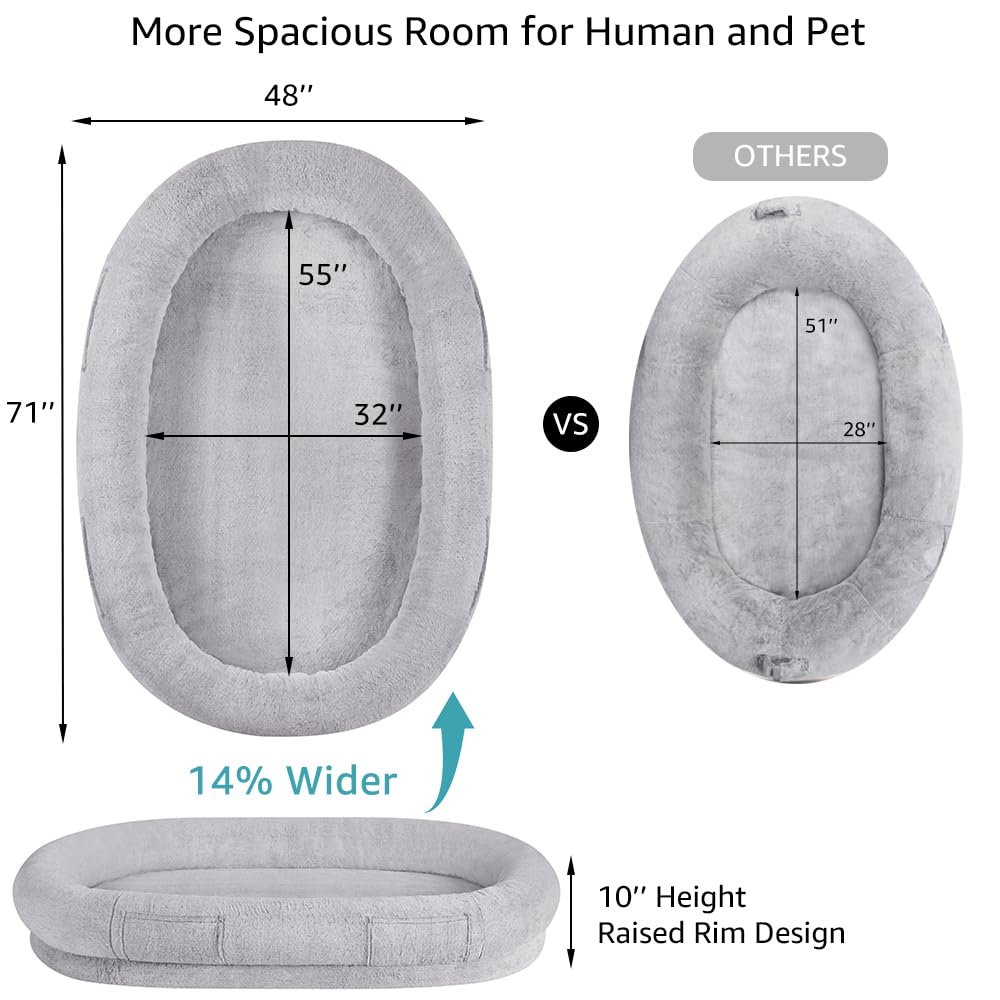 beeNbkks Human Dog Bed for Adult, Giant Extra Large Memory Foam Human Size Pet Bed for People, Fluffy Plush Dog Bed for Human with Storage Pocket Washable Cover Portable Handle Non-Slip Bottom