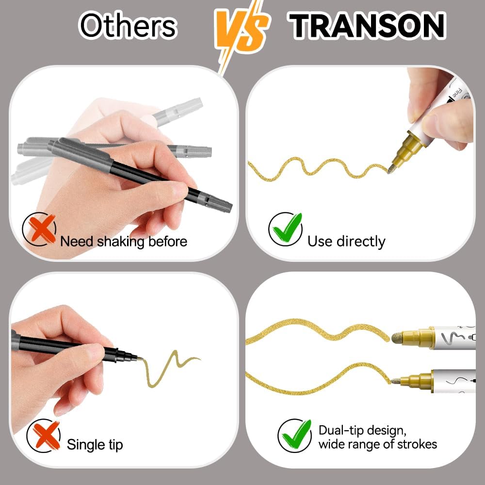 TRANSON 4 Silver and 4 Gold Paint Markers Bold and Fine Dual-tip Acrylic Paint Marker Set for Rock Painting Glass Canvas Wood Leather Ceramic Painting