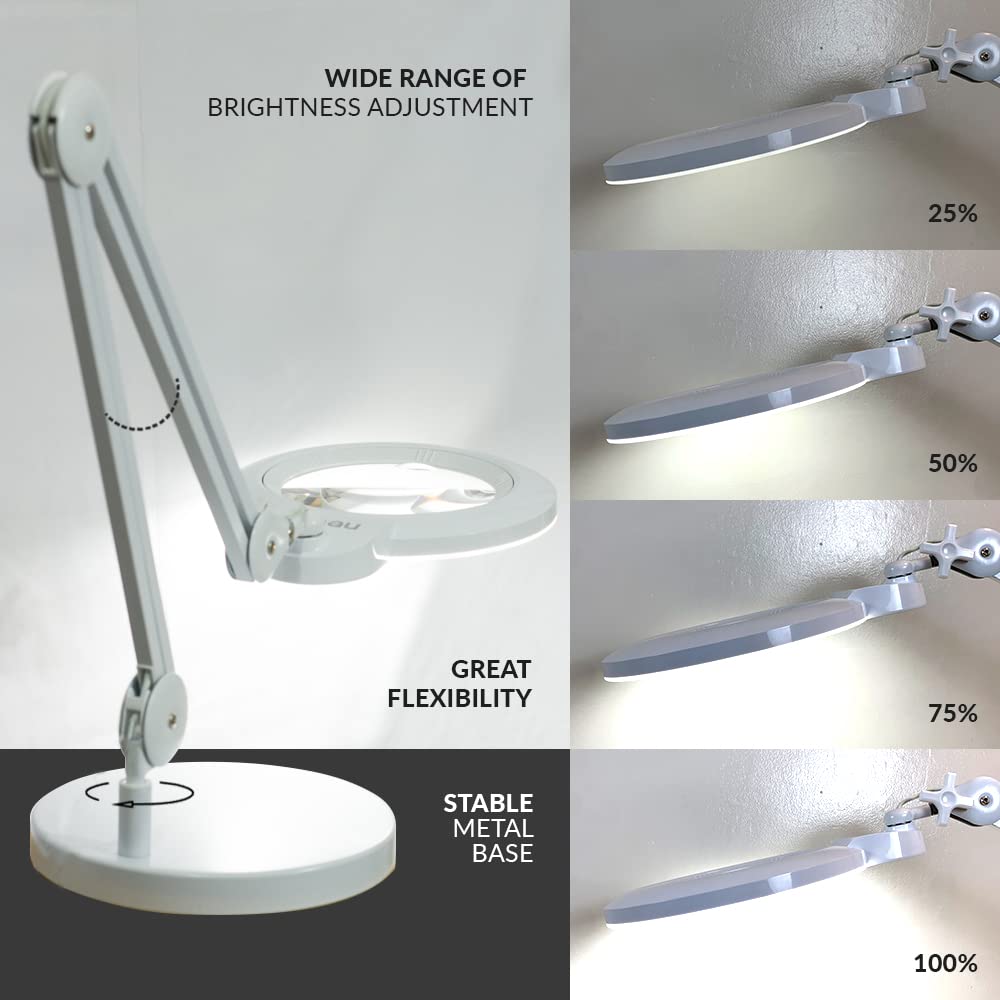 Neatfi XL Bifocal LED Magnifying Lamp, 7-Inch Acrylic Lens, 5D/20D Magnification, Hands-Free, Dimmable, 84 SMD LED, Adjustable Arm for Crafts, Reading, Close Work (White, with Base)