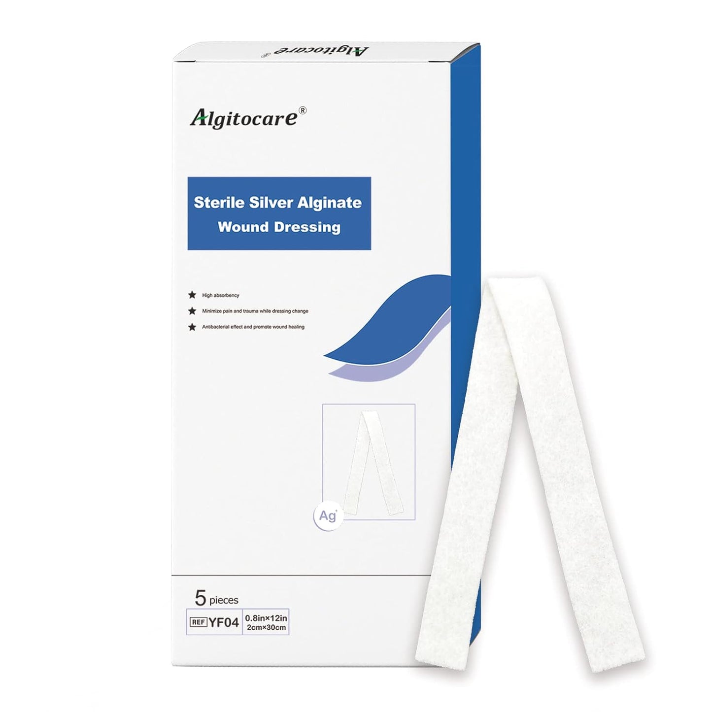 Ag Silver Calcium Alginate Wound Dressing - 0.8"x12"(Pack of 5), Non-Stick Sterile Gauze Pads for Accelerating Wound Healing, High Absorbency and Soft for Wound Care Supplies