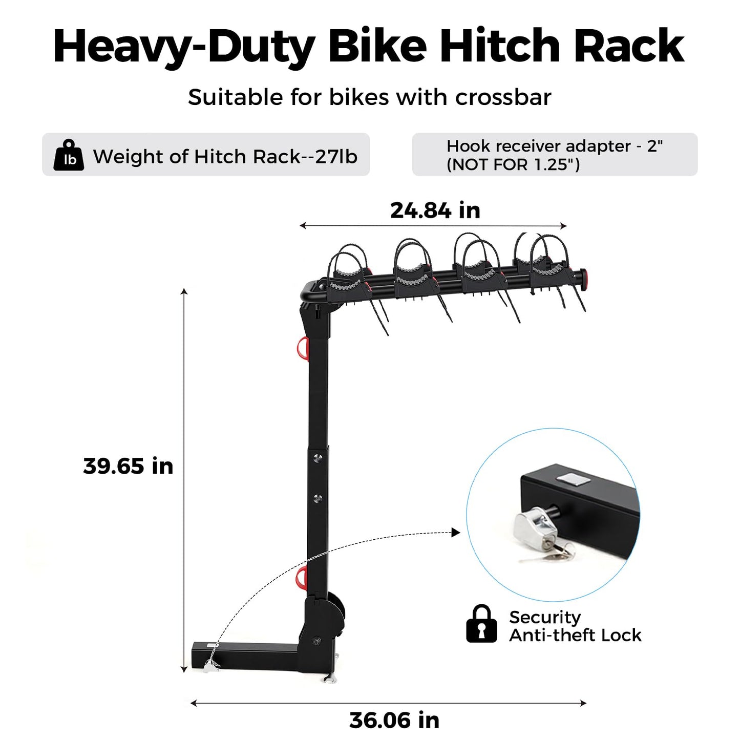 Koarigo Bike Rack for Car, Bike Rack Hitch Mount with 2'' Hitch Receiver, Bike Racks for SUV Truck Minivans with Dual Lock, 165 LBS Capacity for 2/3/4 Bikes, Tiltable & Foldable, Easy Assembly, Black
