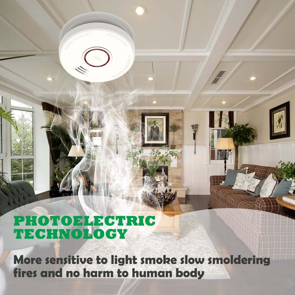LSHOME 4 Pack Smoke Detector Fire Alarms 9V Battery Operated Photoelectric Sensor Smoke Alarms Easy to Install with Light Sound Warning, Test Button,9V Battery Included Fire Safety for Home