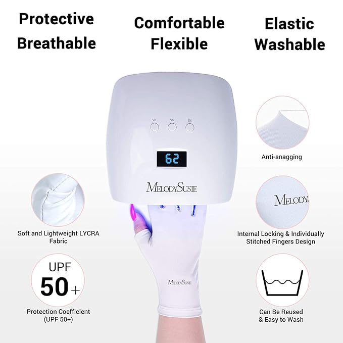 MelodySusie UV Gloves for Gel Nail Lamp, Professional UPF50+ UV Protection Gloves for Manicures, Nail Art Skin Care Fingerless Anti UV Glove Protect Hands from UV Harm (White)