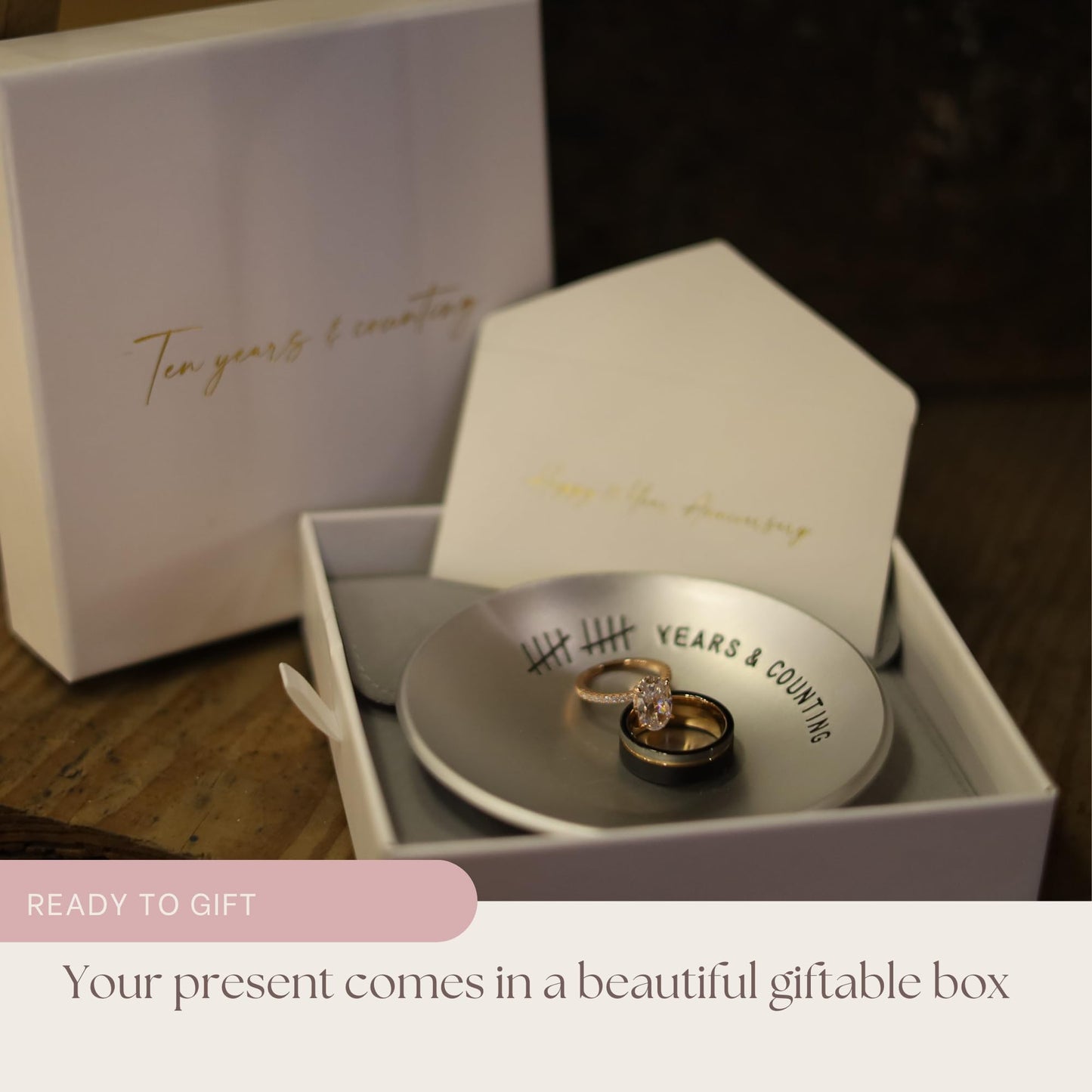 PureRejuva 10th Anniversary Tin Gifts – 4 In., Engraved, Aluminum Wedding Ring Holder Dish & Gift Box – 10 Year Wedding Gift for Him & 10 Year Anniversary for Her Smooth Style