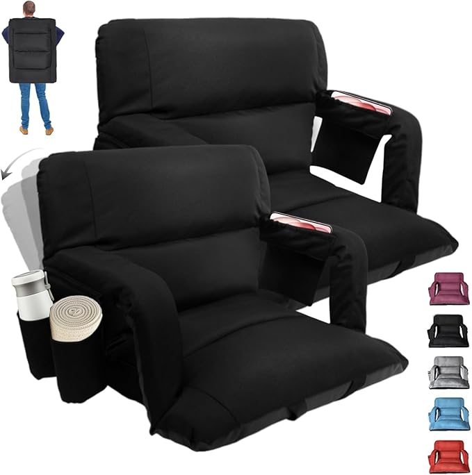 Aventorixis Extra Wide Stadium Seats with Back Support – 2 Pack Sofa-Style Bleacher Chairs, Thick Cushions, 6 Reclining Positions(Black-2 Pack,Wide|25")