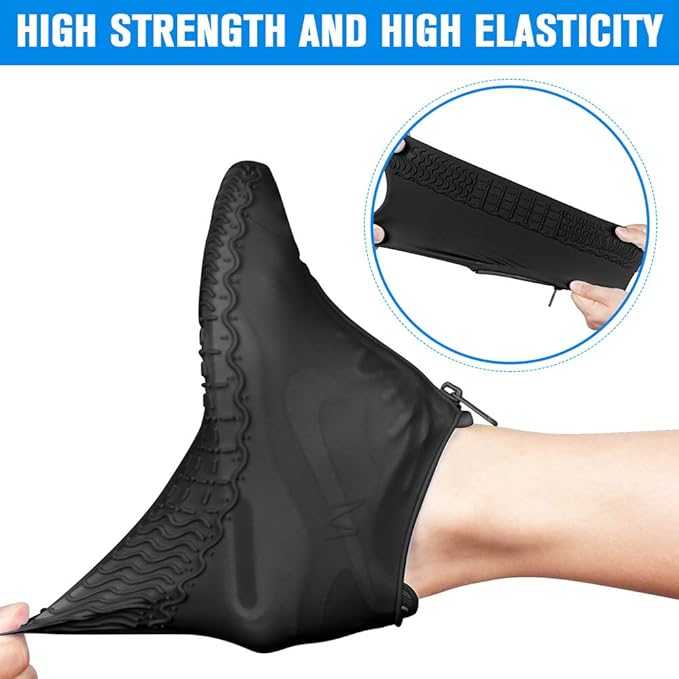 Silicone Waterproof Shoe Covers, Upgrade Reusable Overshoes with Zipper, Resistant Rain Boots Non-Slip Washable Protection for Women, Men (M (Women 5-7, Men 5-6), Black)
