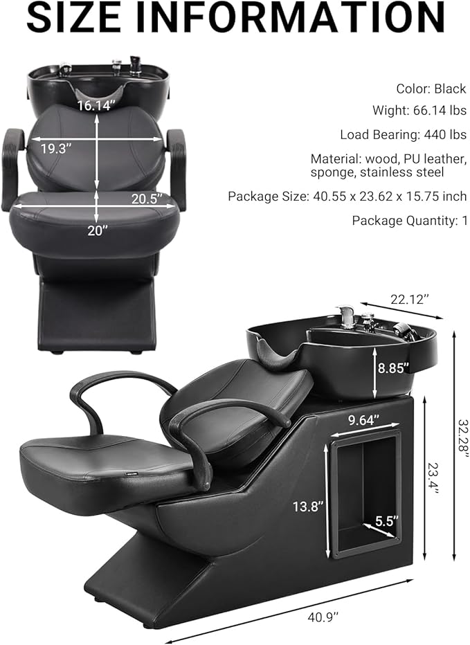 Shampoo Bowl and Chair Set for Salon, Hair Washing Station for Hair Stylist, ABS Shampoo Bowl Sink Chair with Side Store Compartment for Spa Beauty Barbershop, Black