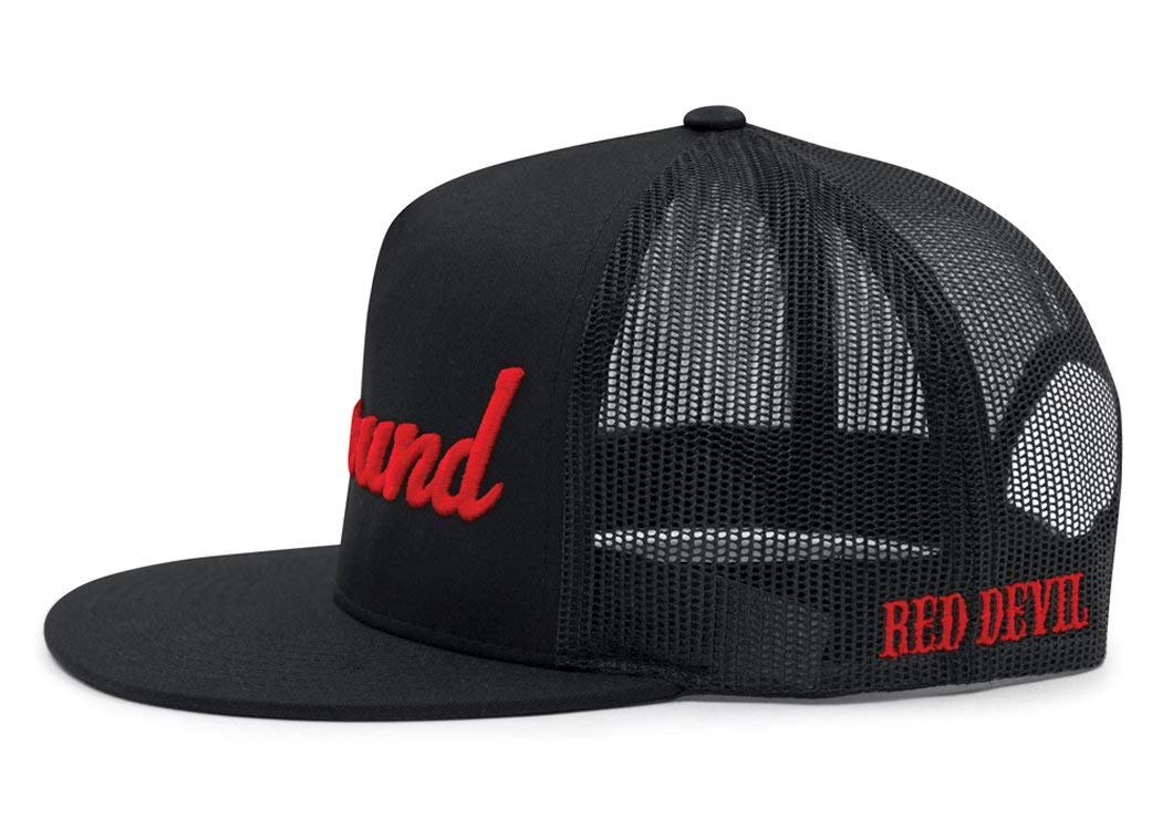 Hellbound Trucker Cap for Men – Flat Bill Mesh Snapback Hat – 5-Panel Black Cap with Bold Red Hellbound Front – One Size Adjustable – Cotton/Poly/Nylon Blend – Outdoor Summer Baseball Hat