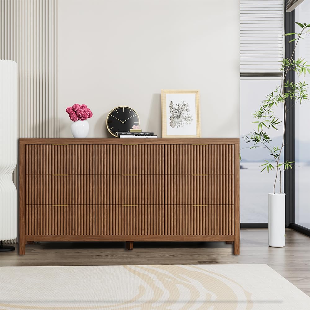 JZXSHD 9 Drawers, Modern Large Chest Mid Century Modern Dresser TV Stand, Storage Organizer Dresser with Solid Natural Wood Legs for Bedroom, Living Room, Hallway, Walnut Oak
