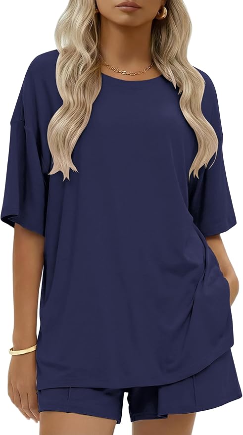 Ekouaer Womens 100% Cotton 2 Pieces Short Sets Summer Short Sleeve Outfits Casual Maching Lounge Set with Pockets