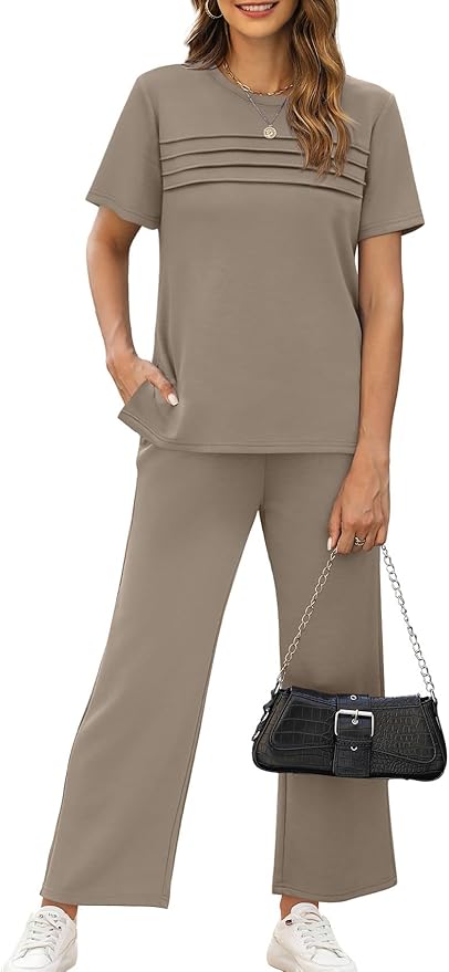 WIHOLL Two Piece Sets for Women Summer Travel Vacation Outfits Short Sleeve Lounge Sets Side Slit Wide Leg Pants S-3XL