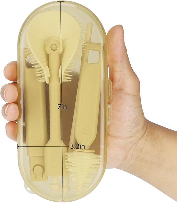 Portable Baby Bottle Brush Set – 5-in-1 Silicone Baby Bottle Cleaner Kit with Nipple Brush, Straw Brush, Drying Rack & Travel Case – BPA-Free, Bottle Washing Set for On-The-Go (Light Yellow)