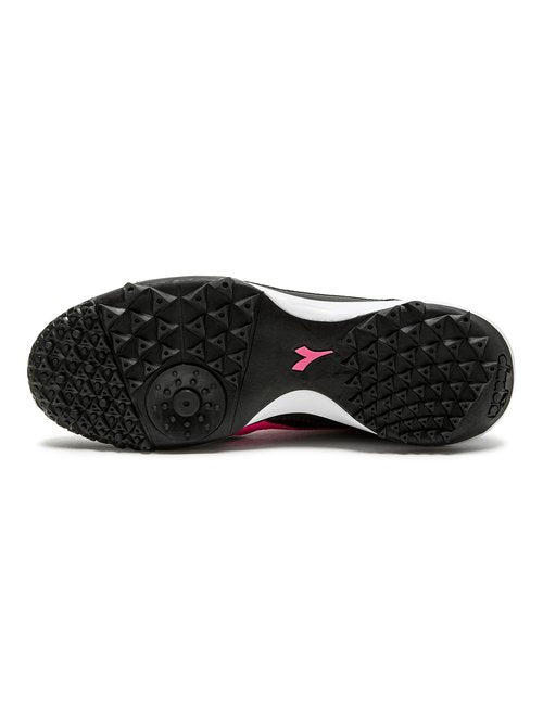 Diadora Calcetto LT Turf Soccer Shoes - Full Grain Leather, Enhanced Cushioning, Anti-Wear Rubber, Synthetic Turf, Optimal Traction and Stability, Black/Pink/Cyan Blue, 8.5 UK