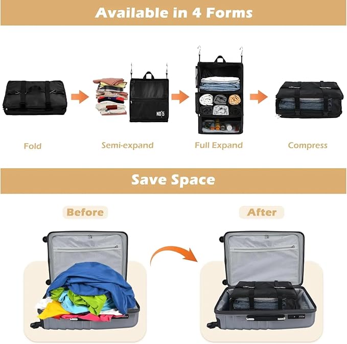 Large Capacity Hanging Organizer - Travel, Suitcase Compression, Luggage Packing, Clothes Closet, Portable Storage Shelves, Includes Shoe Bag
