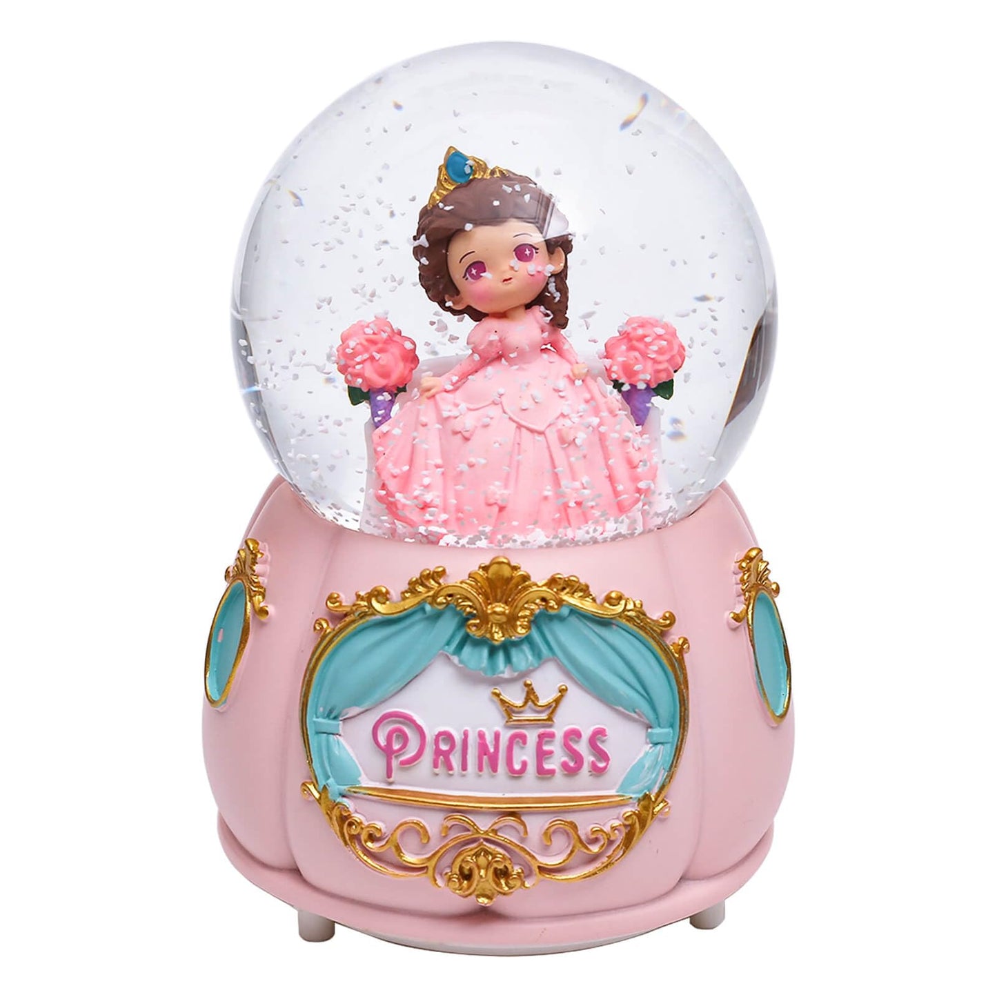 Dalekana Snow Globe with Light for Christmas & Birthday Gift, 80mm Crystal Musical Glitter Glass Water Ball Decoration, Princess - Pink Snowglobe, 3.5" x 3.5" x 5"