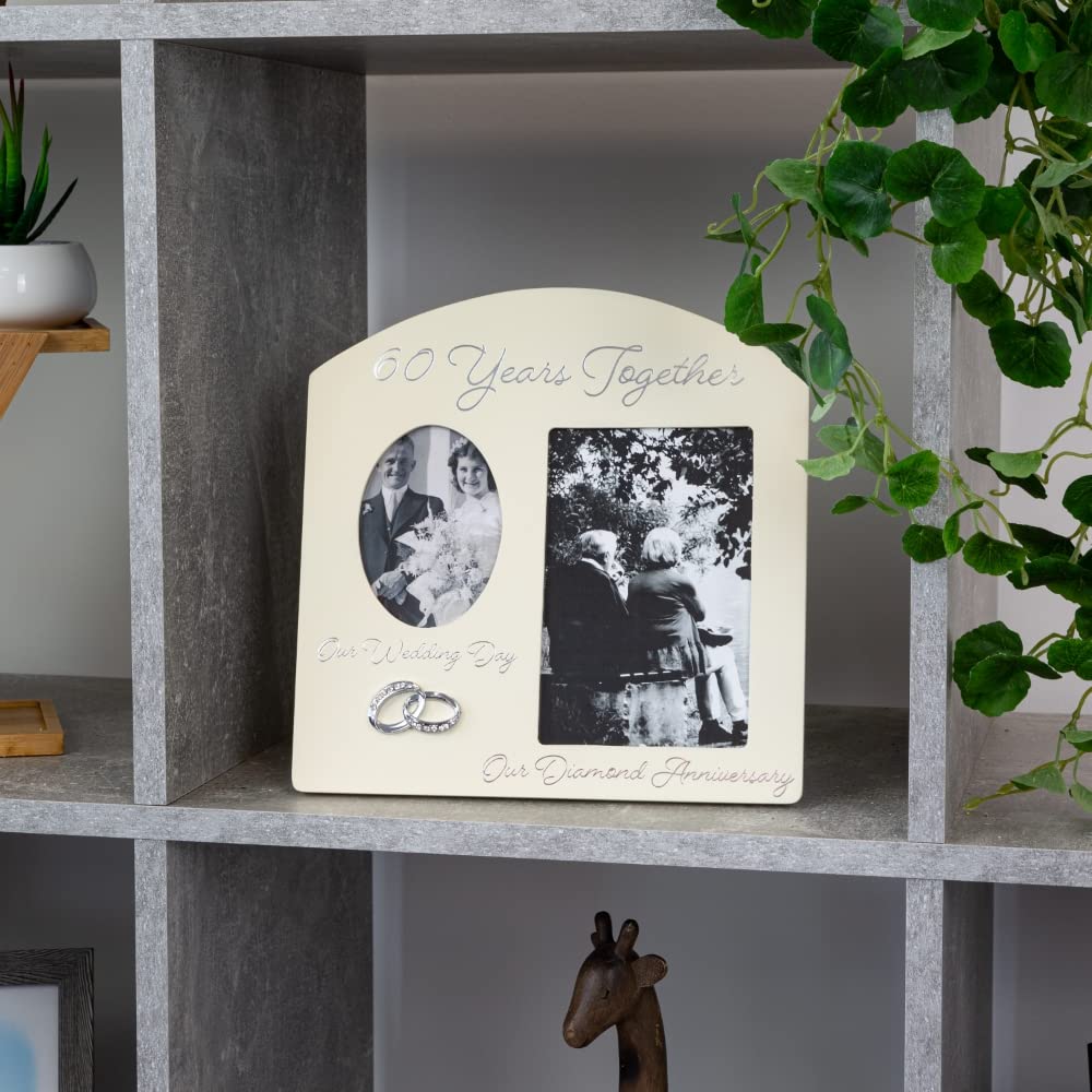 Happy Homewares Contemporary 60 Years Together Then and Now Diamond Anniversary Light Beige Frame with Double Silver Rings | Beautiful 60th Anniversary Picture Frame