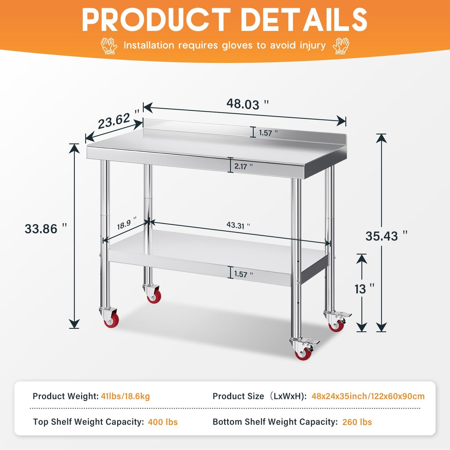 Jocisland 24" x 48" Stainless Steel Table for Prep & Work with Backsplash and Wheels, Adjustable Under Shelf & Safe Design for Restaurant, Home and Outdoor