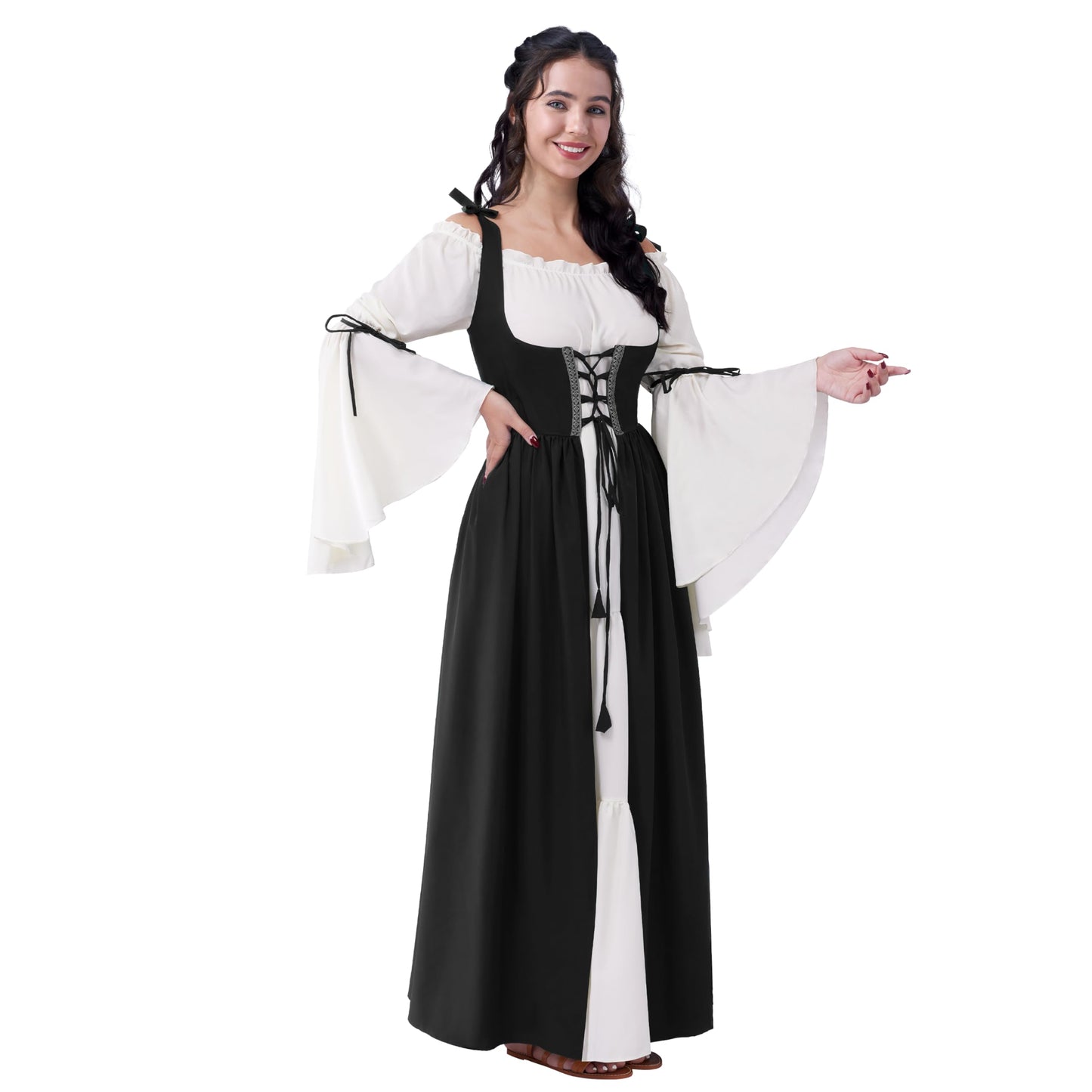 Spooktacular Creations Renaissance Costume Women, Medieval Black Chemise Ren Faire Dress Irish Overdress, Renaissance Corset with Trumpet Sleeve for Halloween Cosplay Wedding Themed Parties-S