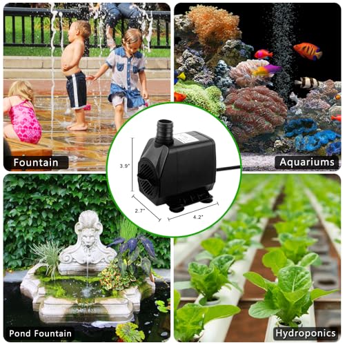 PULACO Large Flow: 800GPH（3000L/H）Submersible Pump with 6.5 ft Tubing, 45Watt Durable Fountain Water Pump With 4 Nozzles F...