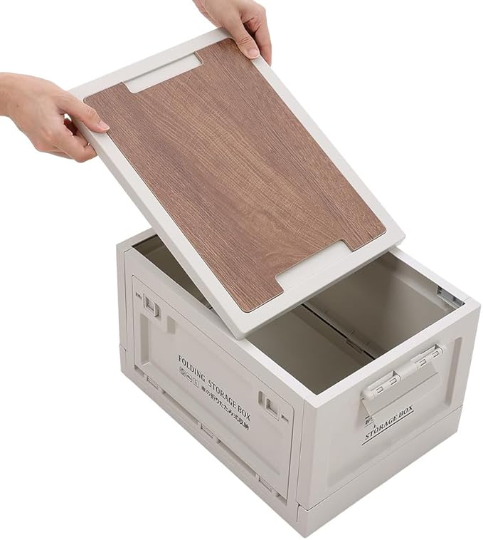 Storage Bin Tote, 55 Qt, Closet Organizer, Collapsible, Wood Lid, 2 Side Doors, Stackable, Plastic (Grey print + wooden lid + roller)