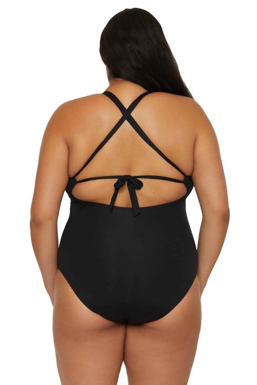 BECCA ETC. Color Code - Women's Plus Size One Piece Swimsuit, Plunge Neck, Bathing Suits for Women, Black, 2X