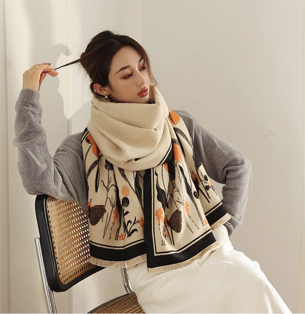First Choose Women's Blanket Chunky,Pashmina Shawls Wraps Oversized Winter & Fall Warm Scarfs Soft Cashmere Feel for Girls and Women (Beige Black-Plant) (YS)