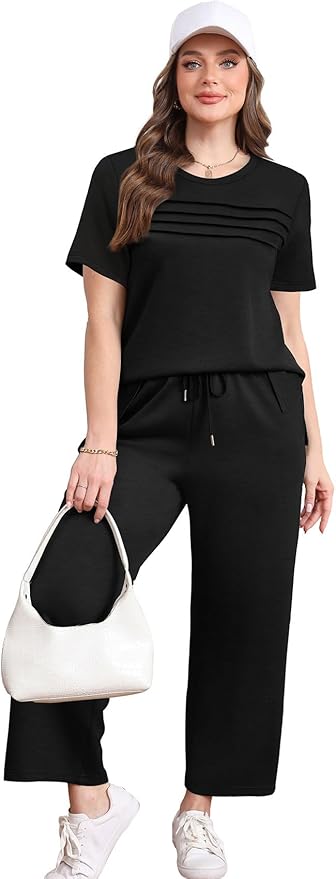 WIHOLL Two Piece Sets for Women Summer Travel Vacation Outfits Short Sleeve Lounge Sets Side Slit Wide Leg Pants S-3XL