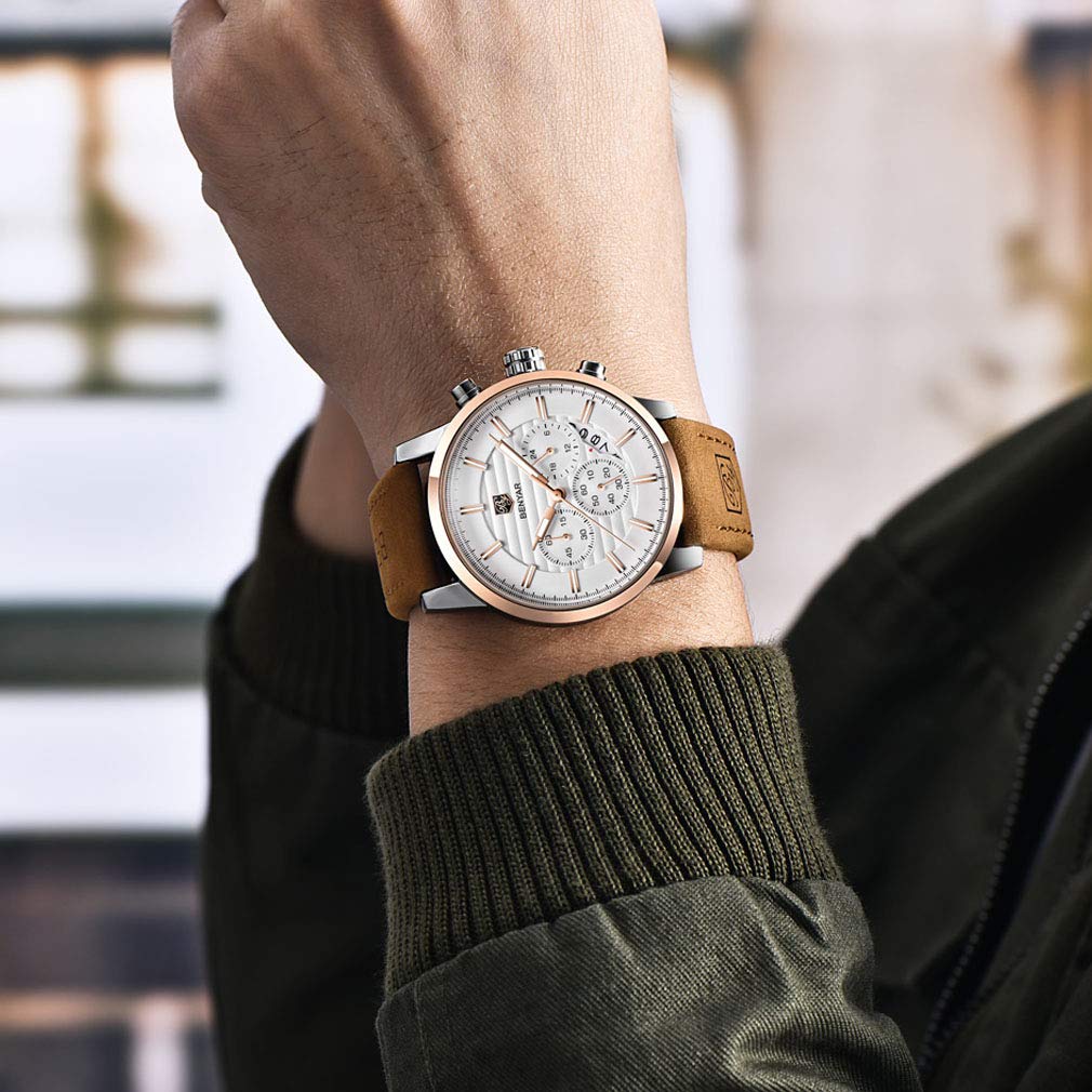 BENYAR Quartz Chronograph Waterproof Watches Business and Sport Design Leather Band Strap Wrist Watch for Men (Brown Gold White)