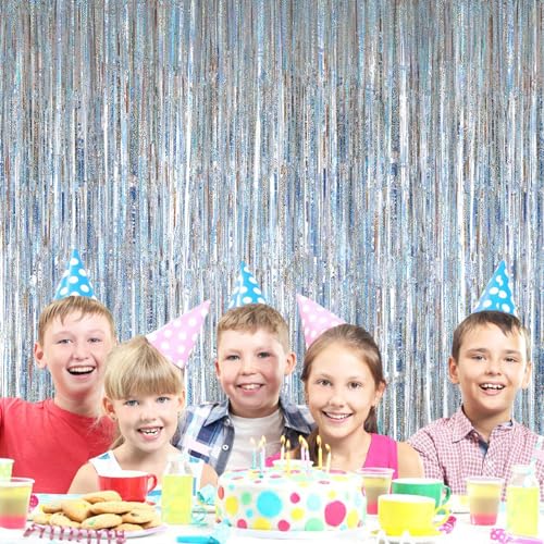 2 Pack 3.2ft x 8.2ft Silver Metallic Tinsel Foil Fringe Curtains, Door Streamer Photo Booth Backdrop for Birthday Graduati...