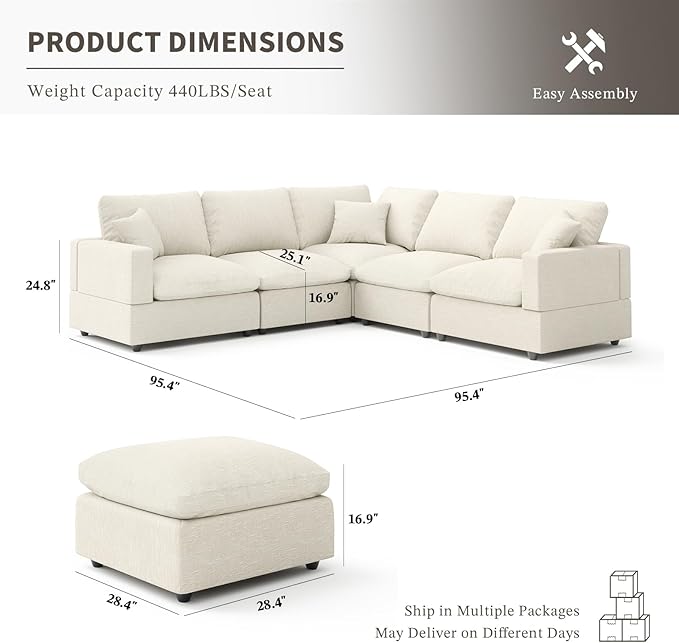Cloud Couch Modular Sectional Sofa, 95.4" 6-Seater Corner Sectional Couches for Living Room, Convertible Cloud Sofa with Ottoman, Down Filled Wide & Deep Seat, Removable Washable Cushion Covers