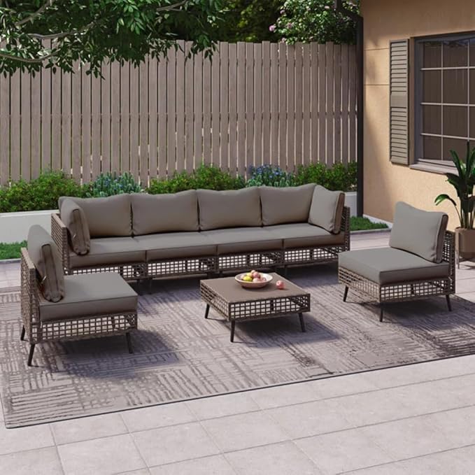 LAUSAINT HOME 7 Pieces Outdoor Sectional Sofa Set, All-Weather PE Wicker Rattan Patio Conversation Set with Thick Cushions & Coffee Table, Patio Furniture Set for Garden, Backyard, Porch (Gray)