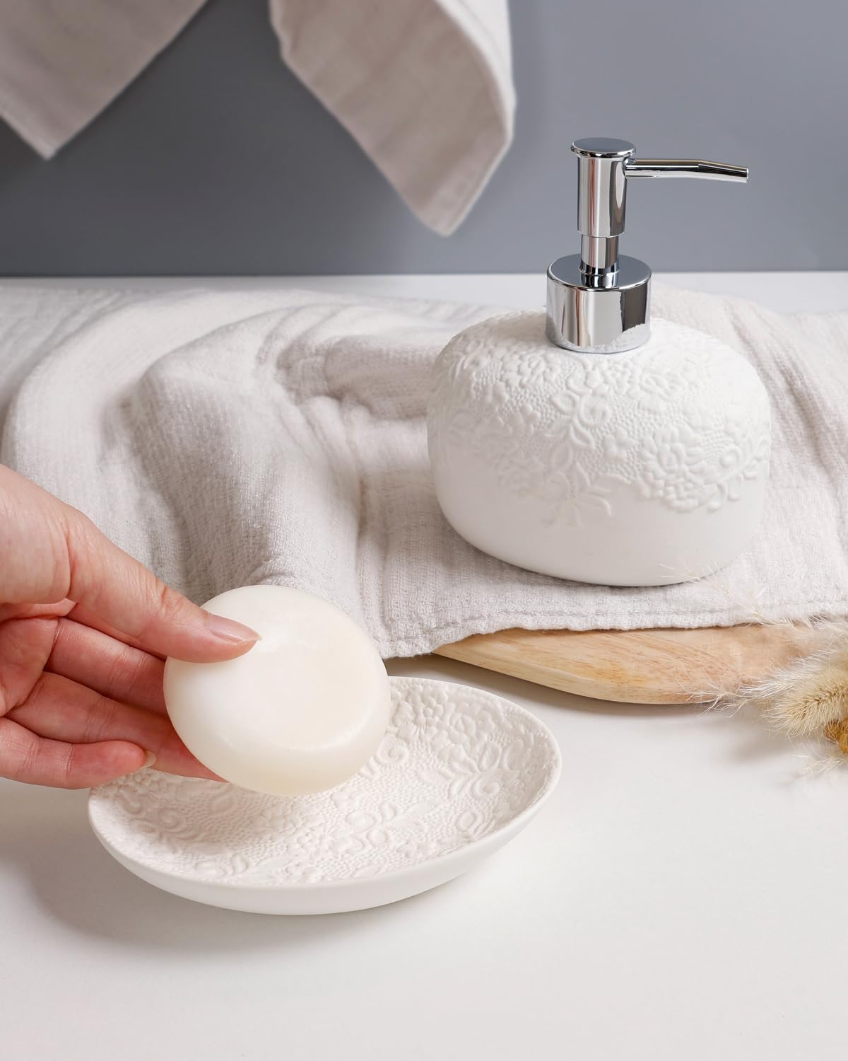 Bathroom Accessories Set with Embossed Design 4PCS, Ceramic White Bathroom Accessory Set Bathroom Toothbrush Holder Set Home Decor, 1 Soap Dispenser 13.5oz, 2 Tumbler Cup, 1 Soap Dish, ANTIS'S HOME