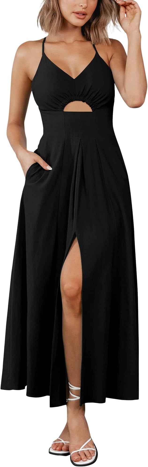 BTFBM Women 2026 Spaghetti Strap Midi Summer Dresses Sleeveless V Neck Cutout Slit Casual Beach Party Maxi Dress Pockets