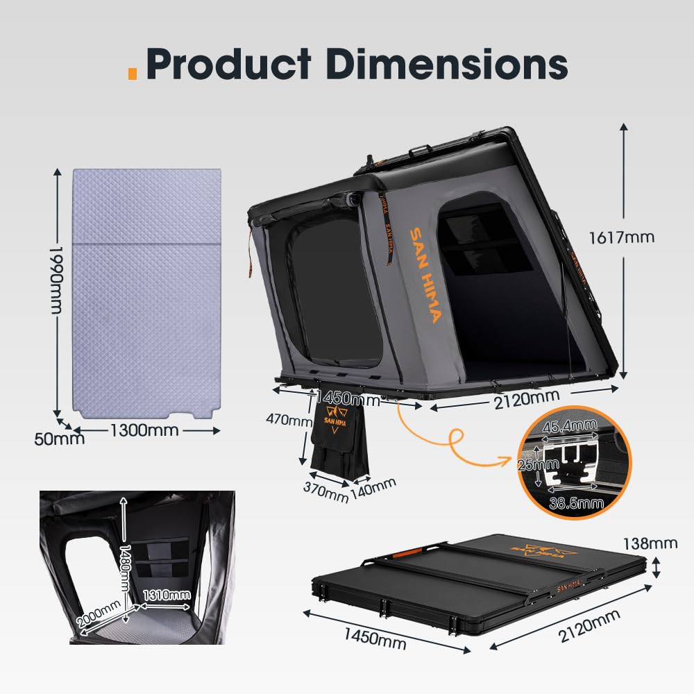 Sanhima Rooftop Tent Hard Shell - Hotham Overland Aluminium Roof Top Tent w/Larger Space, Full Ceiling LED Light & Skyview Window, 2” Thick Mattress, for Car SUV Truck Camping, 2-3 People, Gray