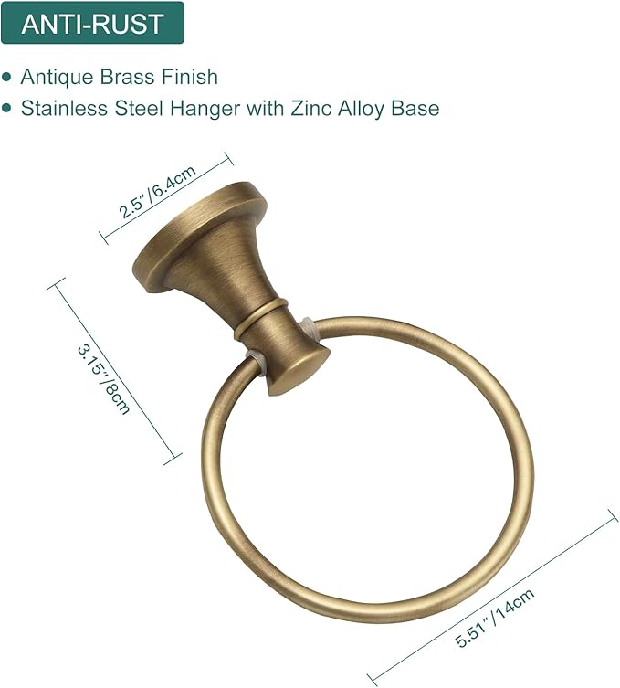 Hoimpro Antique Brass Towel Ring Toilet Paper Holder 2 Set, Double Bathroom Hardware Fixtures Toilet Roll Tissue Holder, Hand Towel Bar Towel Rack Rv Accessories, Sus304 Stainless Steel, Wall Mount