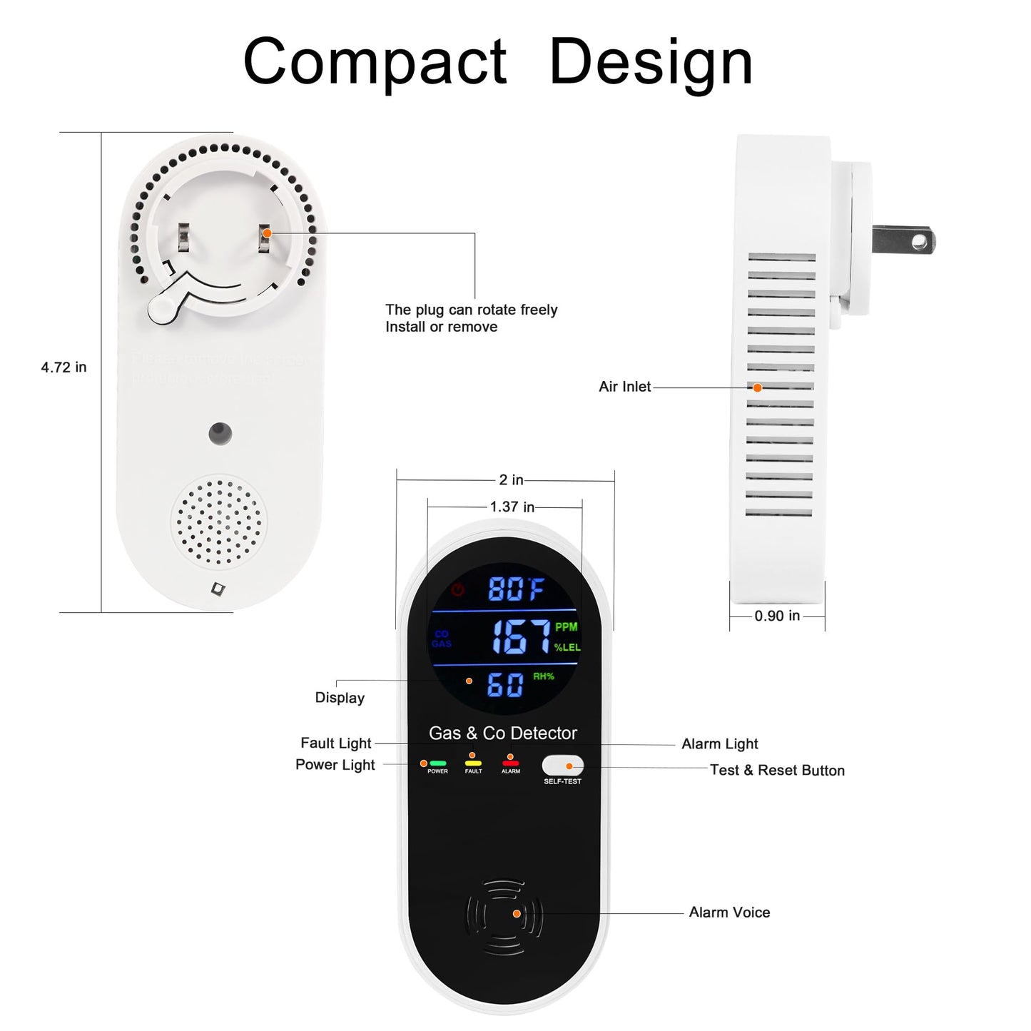 3 Packs Plug in Gas & Carbon Monoxide Detector, 4-in-1 Carbon Monoxide Alarm,Fahrenheit(°F) & Humidity,Natural Gas Detector,Methane,Propane & CO Detector for Home,RV,Apartment