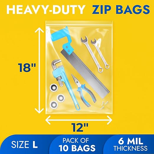 12" x 18" Large Zip Seal Lock Bags, 6 Mil (Pack of 10) – Heavy-Duty Reclosable Plastic Bags – Clear, Resealable, Waterproof – For Storing and Organizing Clothes, Jewelry, and Travel Items