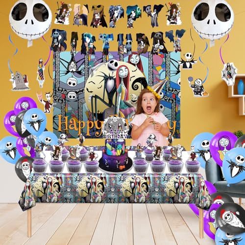 Favuit Birthday Decorations, Nightmare Christmas Party Supplies Halloween Birthday Party Decorations Set Includes Banner B...
