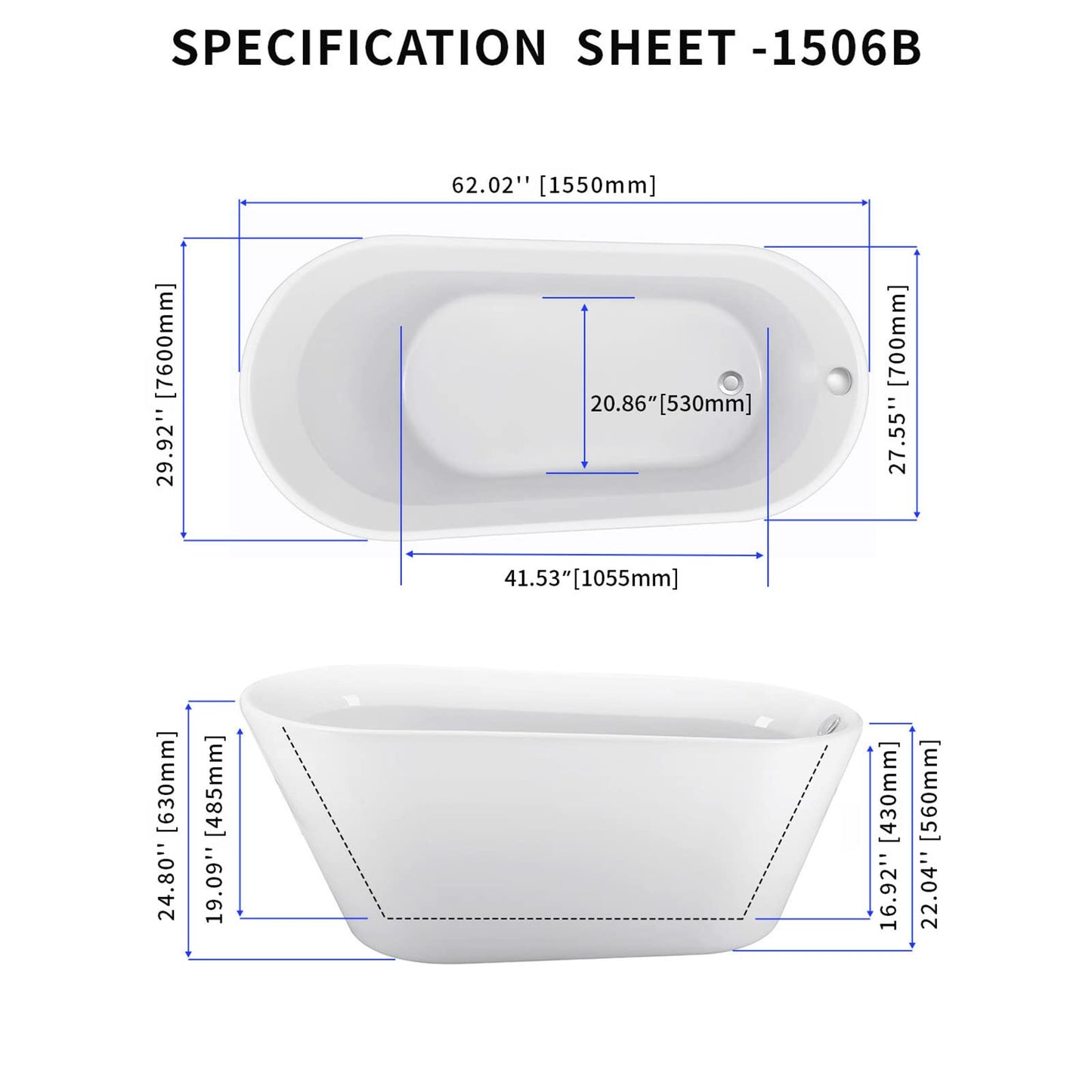 Mokleba 61" Acrylic Freestanding Bathtub, Single Slipper Free Standing Tub, Soaking Tub with Integrated Slotted Overflow, Toe-Tap Chrome Drain, cUPC Certified, Glossy White